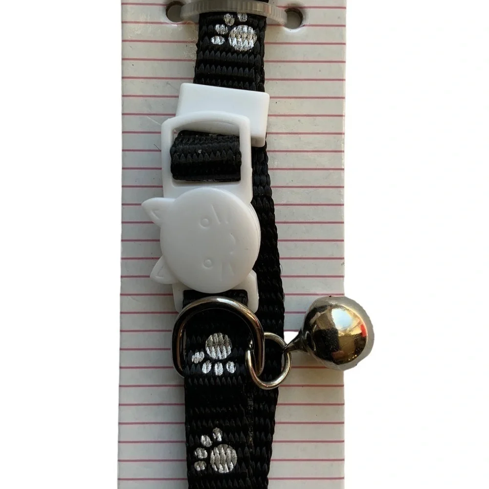 Cat Collar Reflective Adjustable Paw Print Breakaway Clasp Bell Black White 8-12